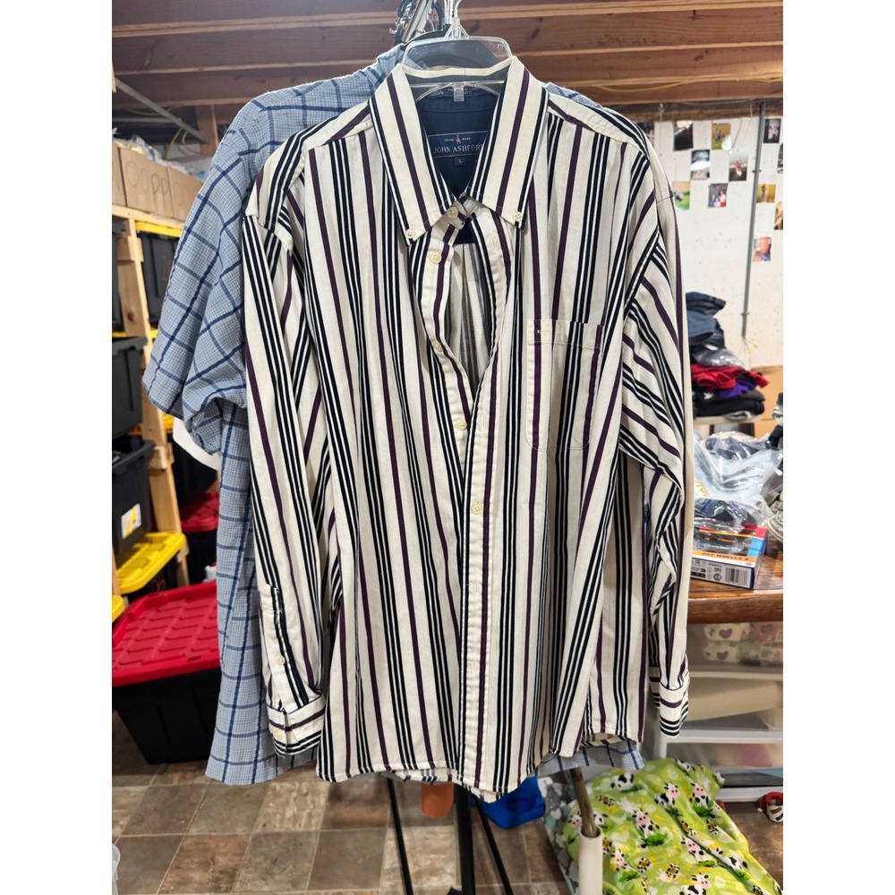 John Ashford Mens Large Long Sleeve Striped Button Down Shirt Navy BurgundyCream